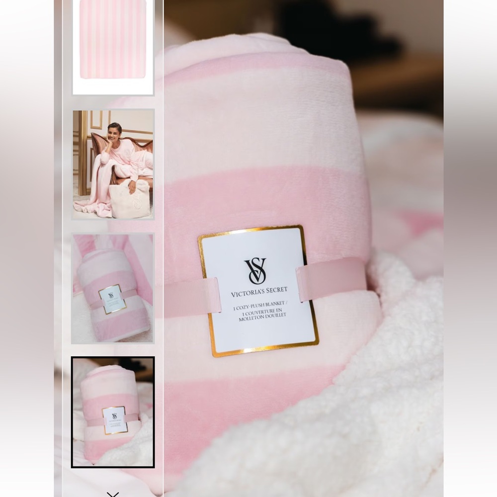 VICTORIA SECRET FAUX FUR TOTE,COZY FLEECE BLANKET,T-JAMA  WITH PINK STRIPE - Picture 3 of 12